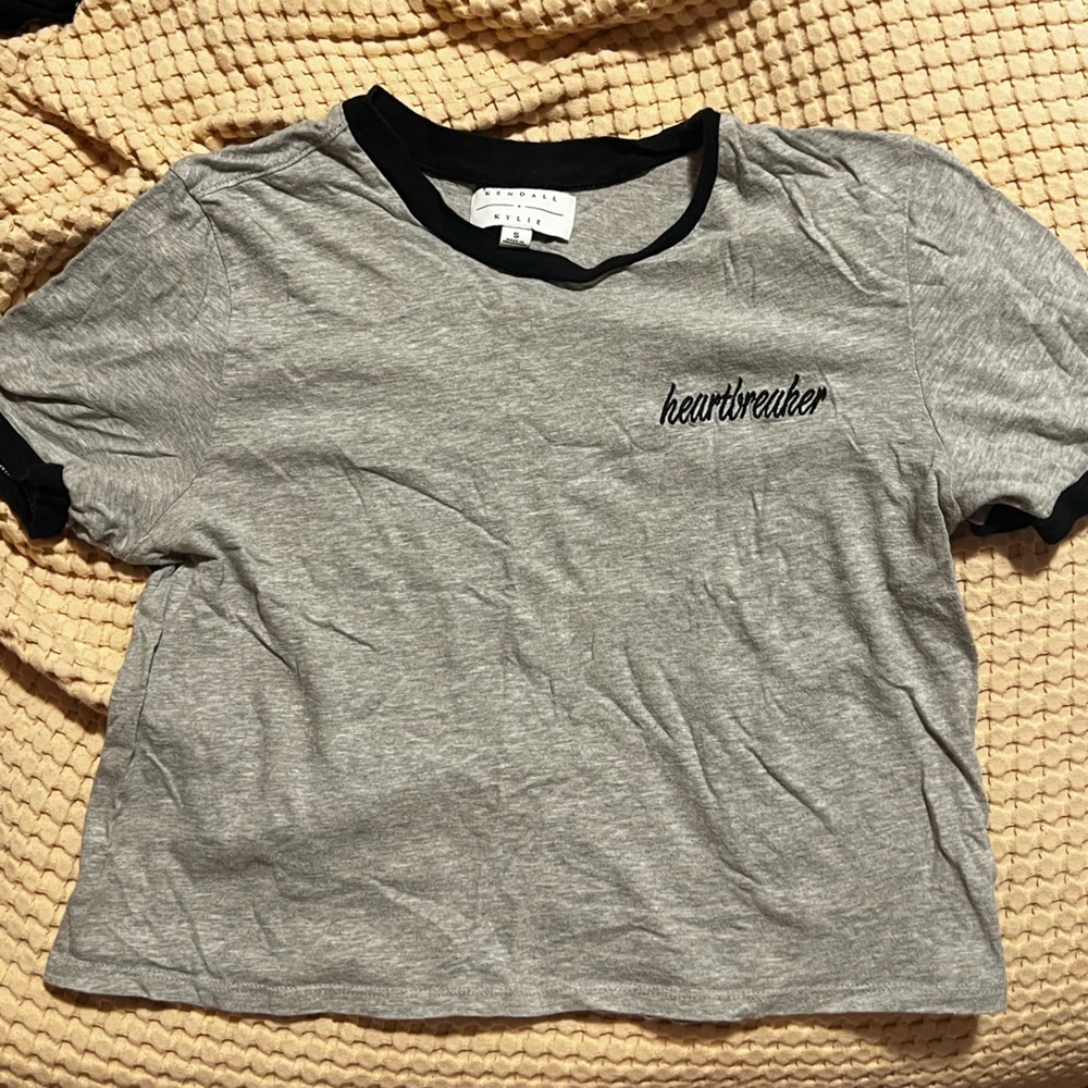 Kendall & Kylie Gray and Black Crop Top “Heartbreaker” embroidery
